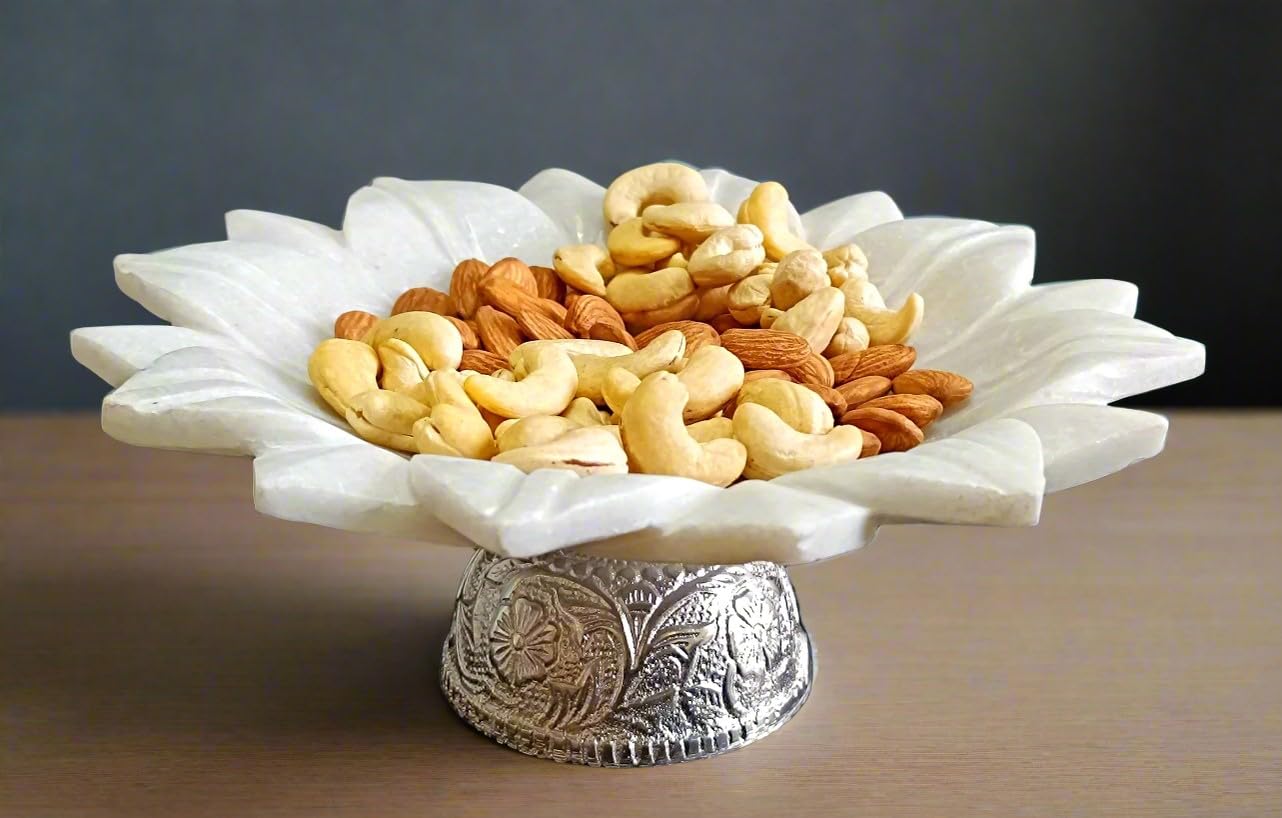 white marble lotus urli/fruit bowl/snacks bowl with silver metal stand for home décor, 9"